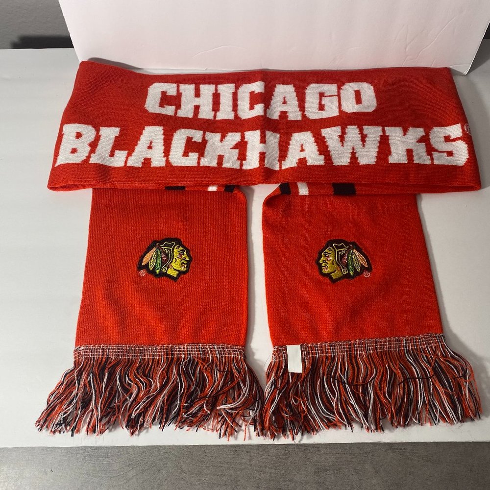 New Black Hawks Scarf 60 inches long 7 inches wide fringes Chicago Hockey Fan